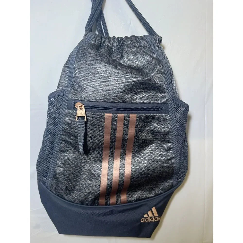Adidas Gray Gold Drawstring Back Pack With From Zipper Pouch‎ 14x16